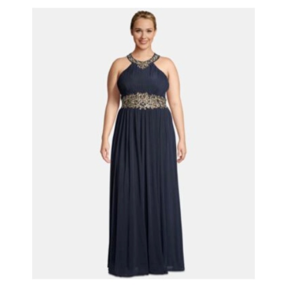 betsy & adam embroidered halter gown